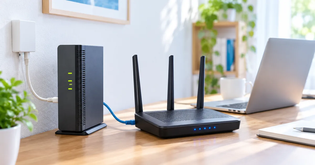 ONUとWi-FiルーターをLANケーブルで接続したデスク