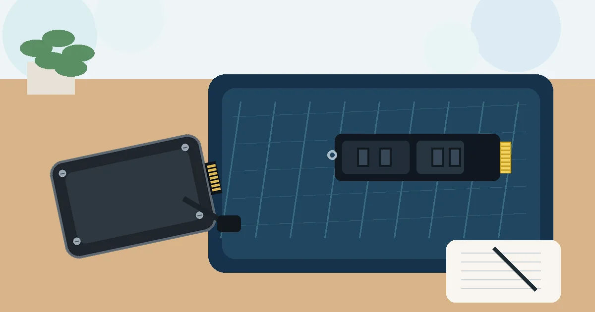 SATA SSDとNVMe SSDの違いをイメージした2種類のSSD