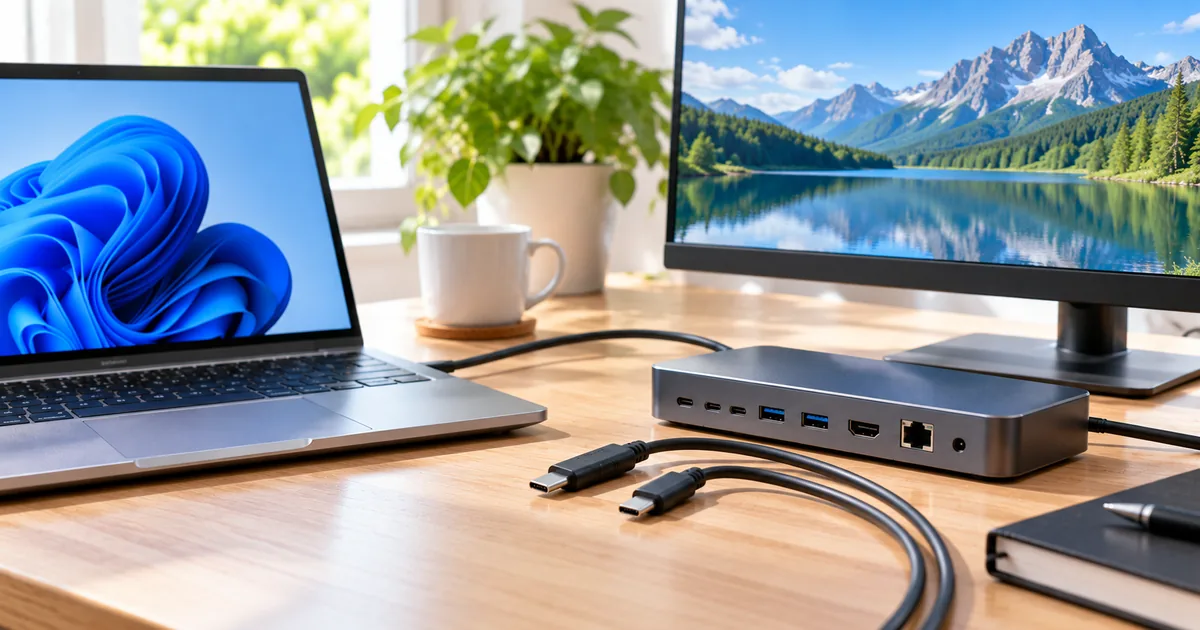ThunderboltとUSB-C・USB4の違いをイメージしたノートパソコンとドッキングステーション