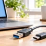 USB-AとUSB-Cの違いをイメージした2種類のUSB端子とパソコン