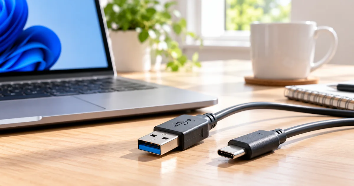 USB-AとUSB-Cの違いをイメージした2種類のUSB端子とパソコン