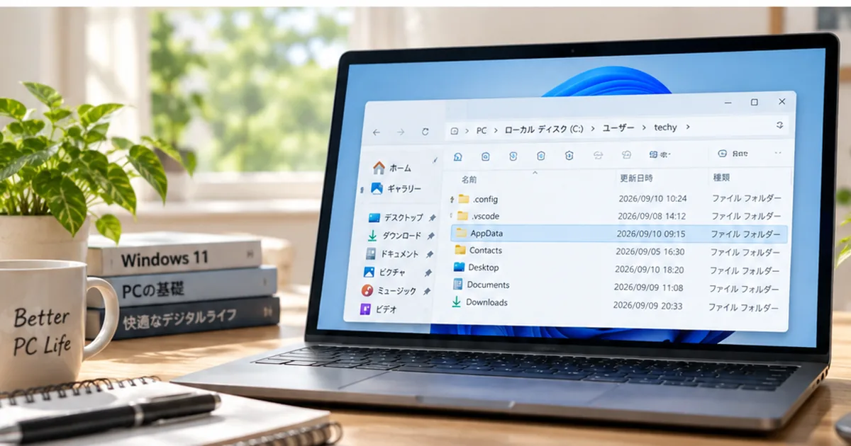 Windows 11で隠しファイルや隠しフォルダーを確認するパソコン画面